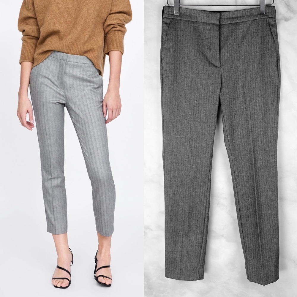 NEW Zara Pull-On Herringbone Skinny Pleated Crop Ankle Trouser Dress Pants Grey
